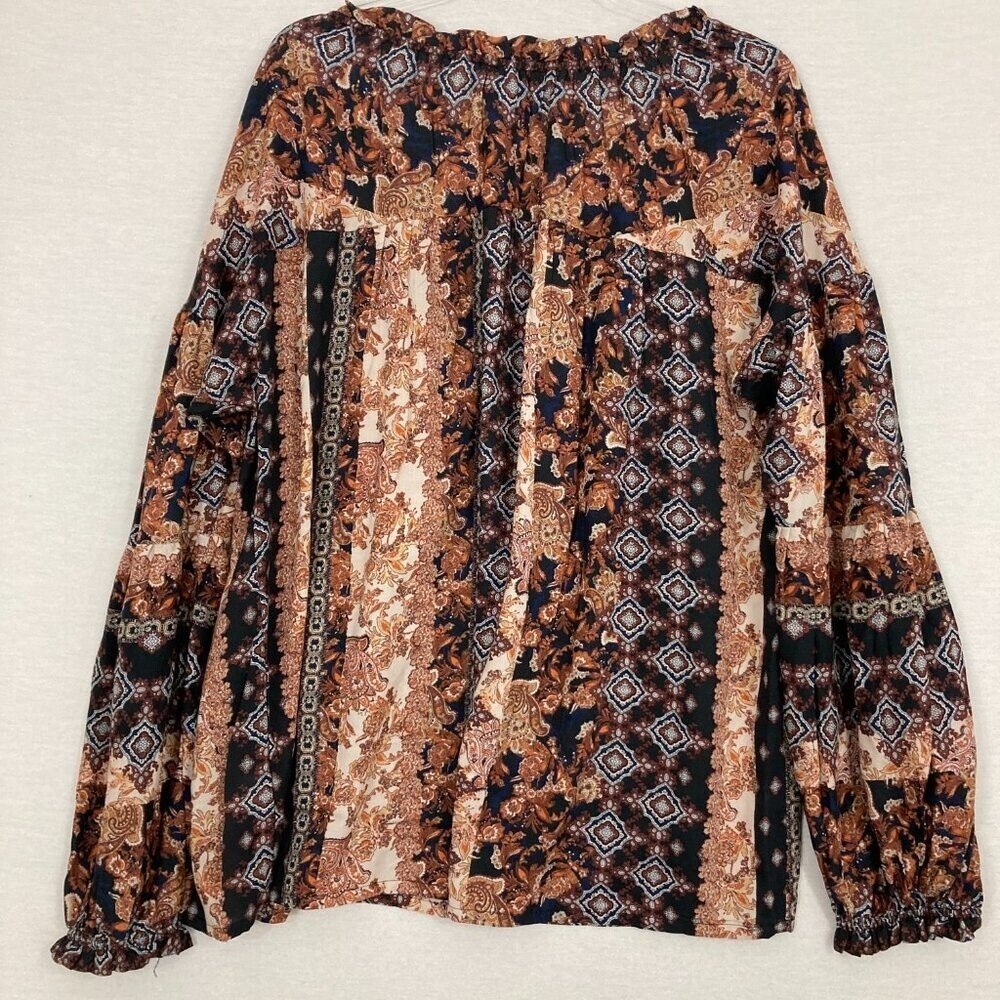 Nine West Brown Black Boho Print Ultra Soft Comfy Popover Blouse XL - Picture 9 of 10